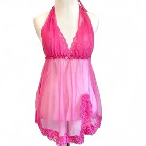 FREDRICK’S OF HOLLYWOOD BABYDOLL SLIP LACE CHIFFON PINK SIZE MEDIUM